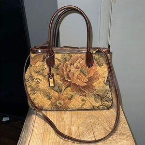 Vintage Floral Tapestry Satchel with Brown Trim